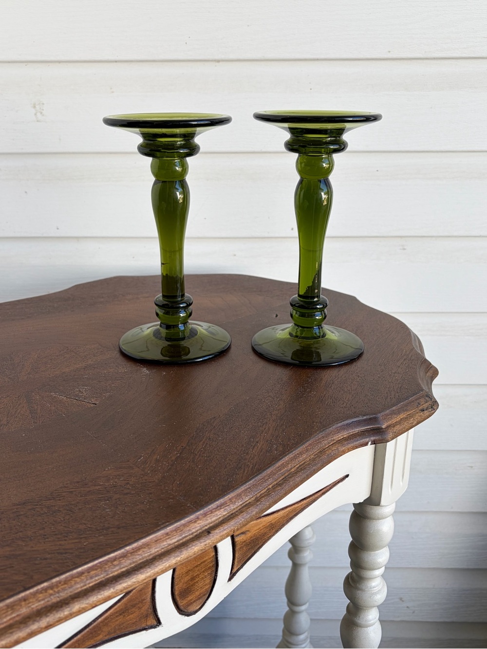 Fenton #449 Florentine Green Stretch Glass Candlesticks Pair 8½” Vintage 1920s - Picture 3 of 11